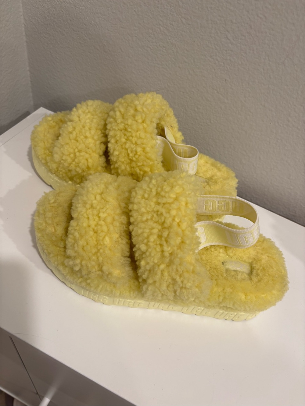 UGG Yellow Shearling Fluff Sandals with Elastic Heel